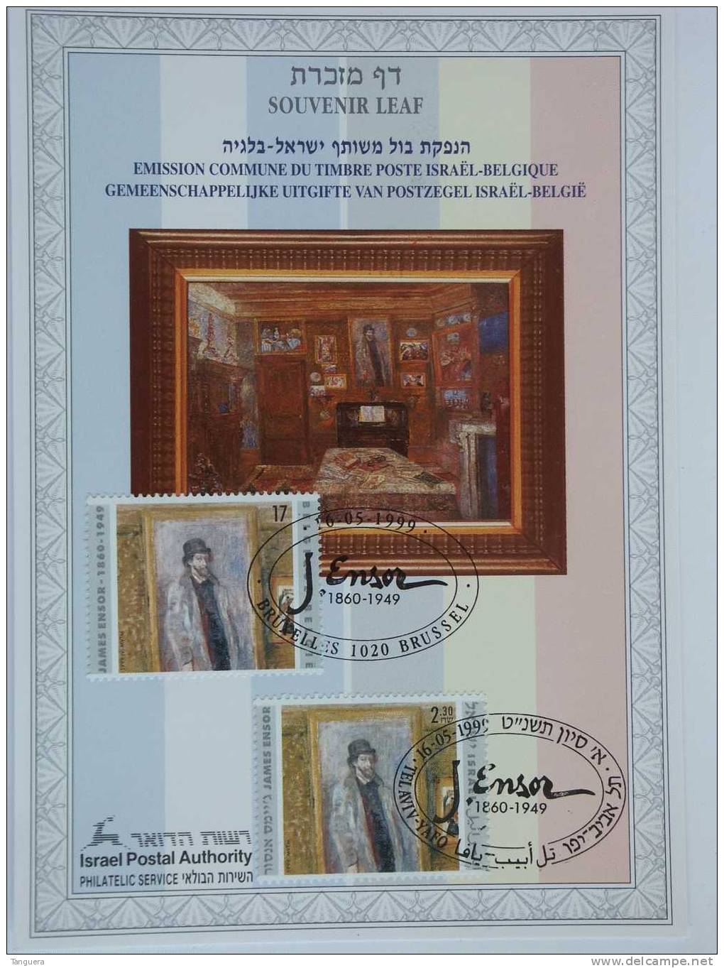 België Belgique Belgium Israel 1999 Herdenkingskaart Carte Souvenir Souvenir Leaf James Ensor Peintre Painter - Souvenir Cards - Joint Issues [HK]