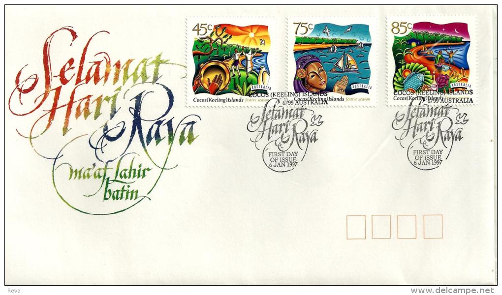 COCOS ISLANDS FDC SALAMAT HARI WOMAN BOAT SET OF 3 STAMPS DATED 06-01-1997 CTO SG? READ DESCRIPTION !! - Kokosinseln (Keeling Islands)