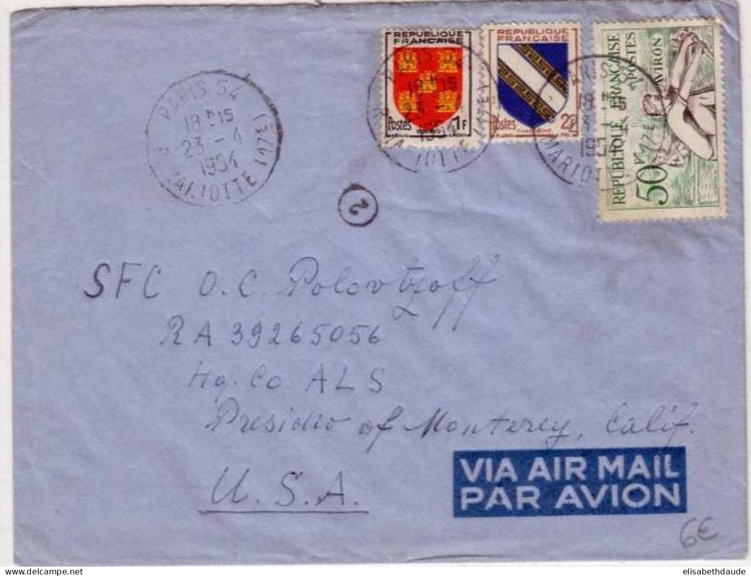 1954 - LETTRE PAR AVION De PARIS (SEINE) Pour La CALIFORNIE (U.S.A)  - ARMOIRIES - 1941-66 Coat Of Arms And Heraldry