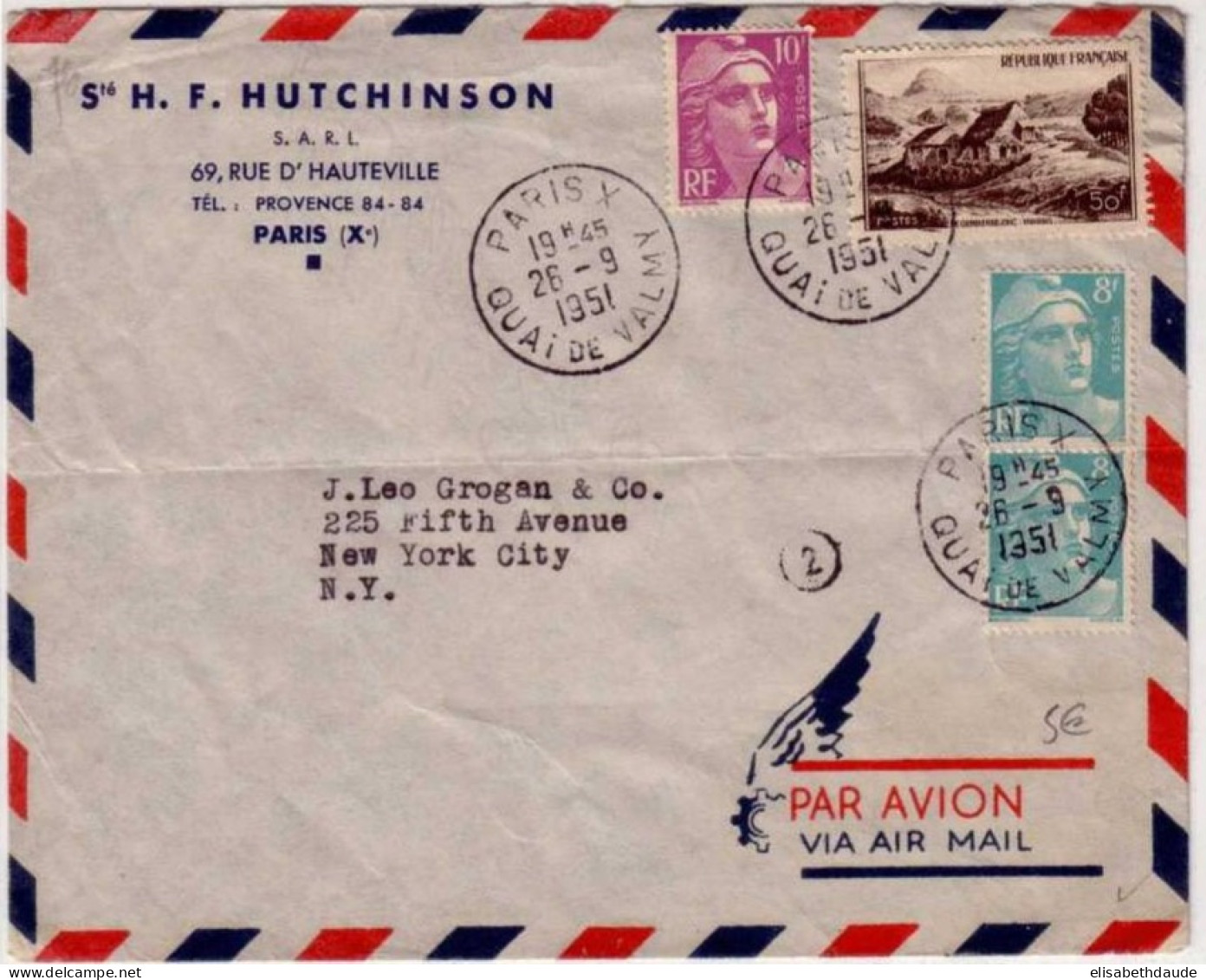 1951 - LETTRE PAR AVION De PARIS (SEINE) Pour NEW-YORK (U.S.A)  - GANDON - 1945-54 Marianne Of Gandon