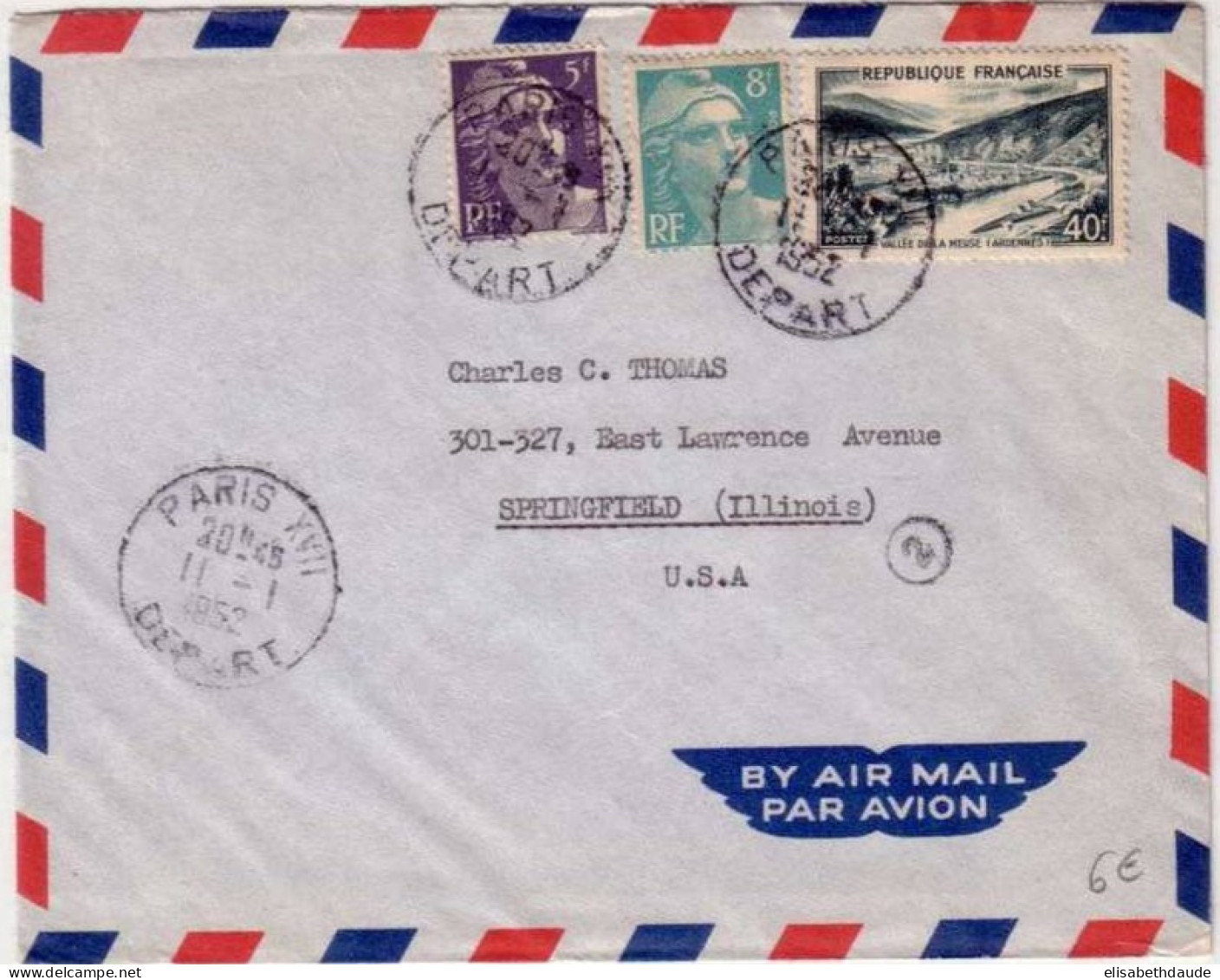 1952 - LETTRE PAR AVION De PARIS (SEINE) Pour L'ILLINOIS (U.S.A)  - GANDON - Posttarife