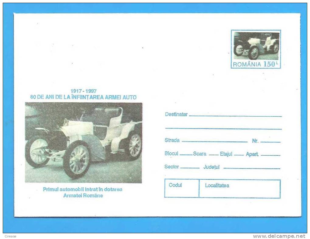 The First Car In The Army, Auto. ROMANIA. Postal Stationery Cover 1997. - Bus