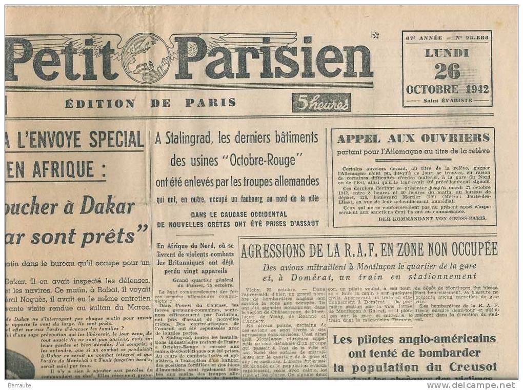 Le Petit Parisien Du 26/10/1942 " Déclaration De L'Amiral DARLAN Il Serait Malsain De Toucher à DAKAR" - Le Petit Parisien