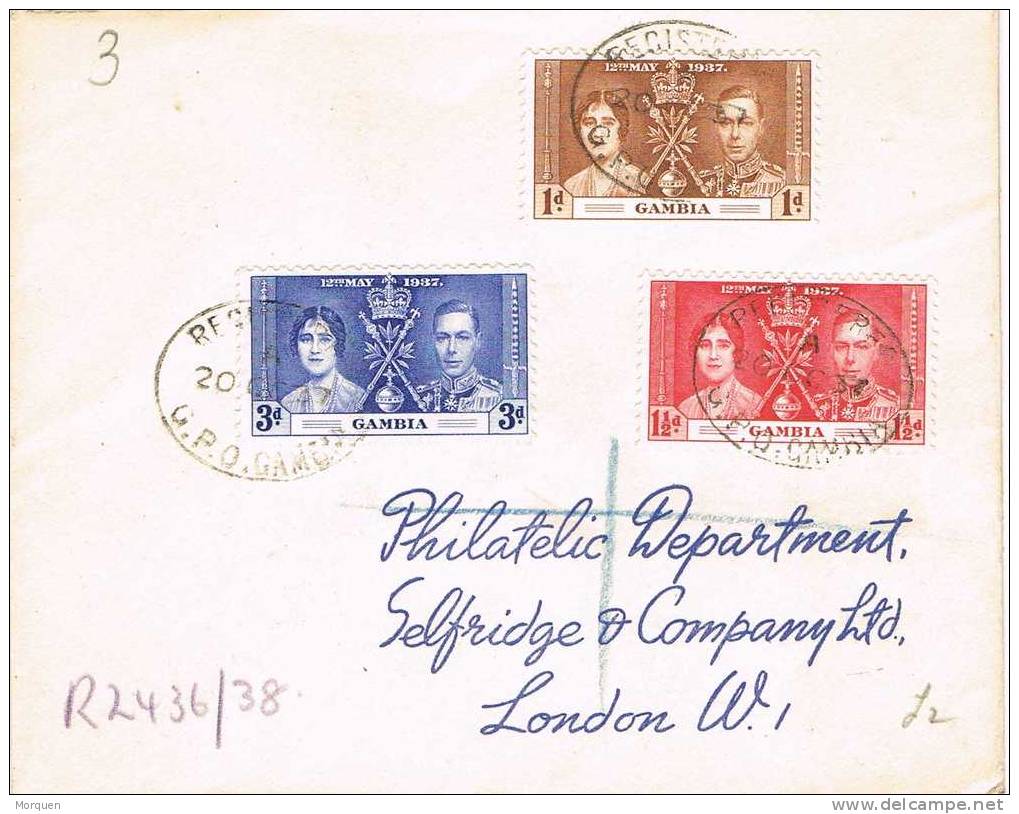 1442. Carta Certificada   GAMBIA  1937 A Londres. G.P.O. - Gambia (...-1964)