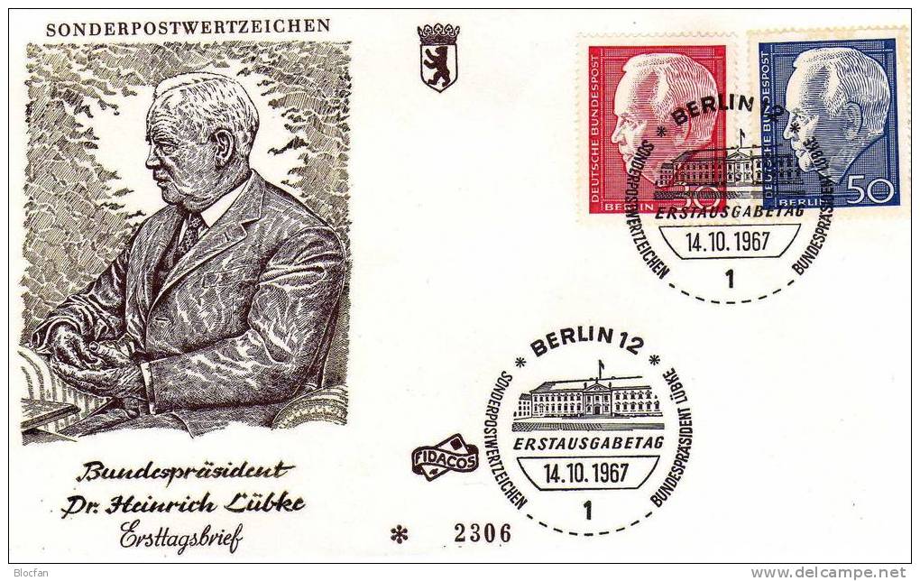 2.Lübke-Serie 1967 Wahl Bundespräsident Lübke Berlin **/o 314/5+ FDC 4€ Wahl Des Bundespräsidenten - Lettres & Documents