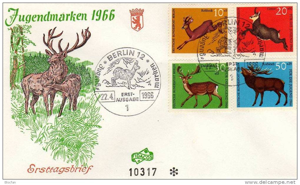 Jugend-Marken 1966 Jagdbares Hochwild Berlin **/o 291/4+ FDC 9€ Rehbock, Gemse, Rothirsch, Damm - Hirsch - Covers & Documents