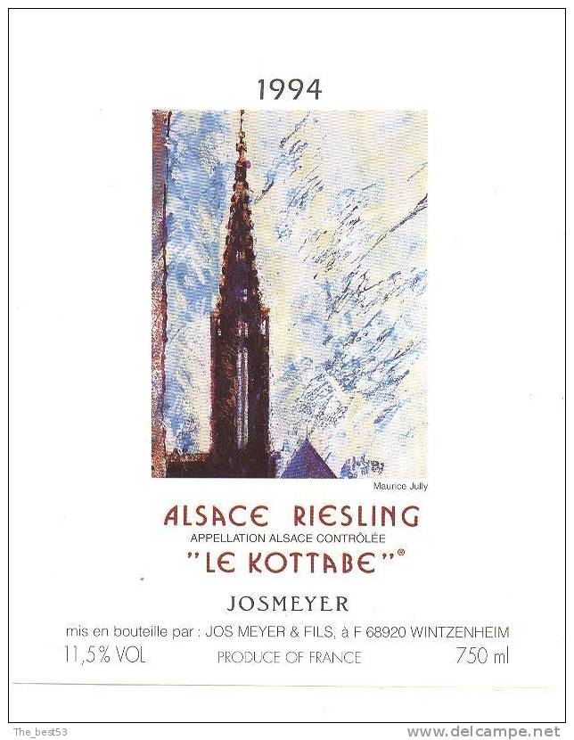 Etiquette De Vin D'Alsace Riesling - Le Kottabe - Illustrateur Maurice Jully  -  Jos Meyer à Wintzenheim (68) - Altri & Non Classificati