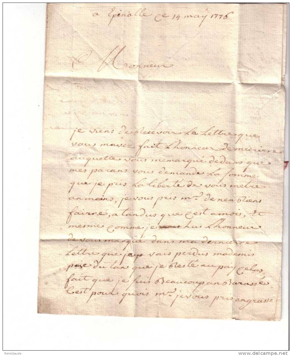 1776 - CACHET LINEAIRE 19 Mm -  LETTRE De EPINAL (VOSGES) Pour NANTES En BRETAGNE - GRIFFE Manuelle 16 - 1701-1800: Précurseurs XVIII