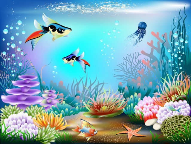 Art Print Reproduction On Original Painting Canvas, New Picture, Children, Tale, Draw, Underwater, Sea, Fish, Coral - Other & Unclassified