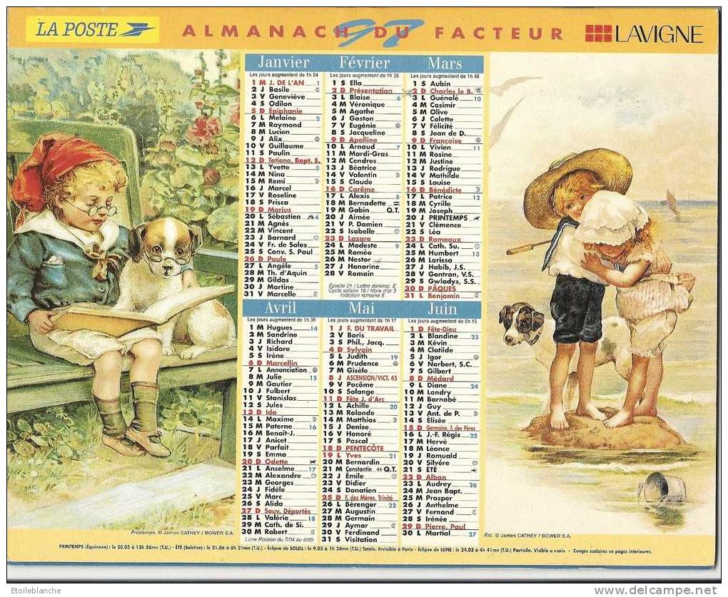 Calendrier La Poste 1997 / Dessins Illustrateur James Cathey, Enfants, Chien, été Plage, Automne Pluie, Printemps, Hiver - Tamaño Grande : 1991-00