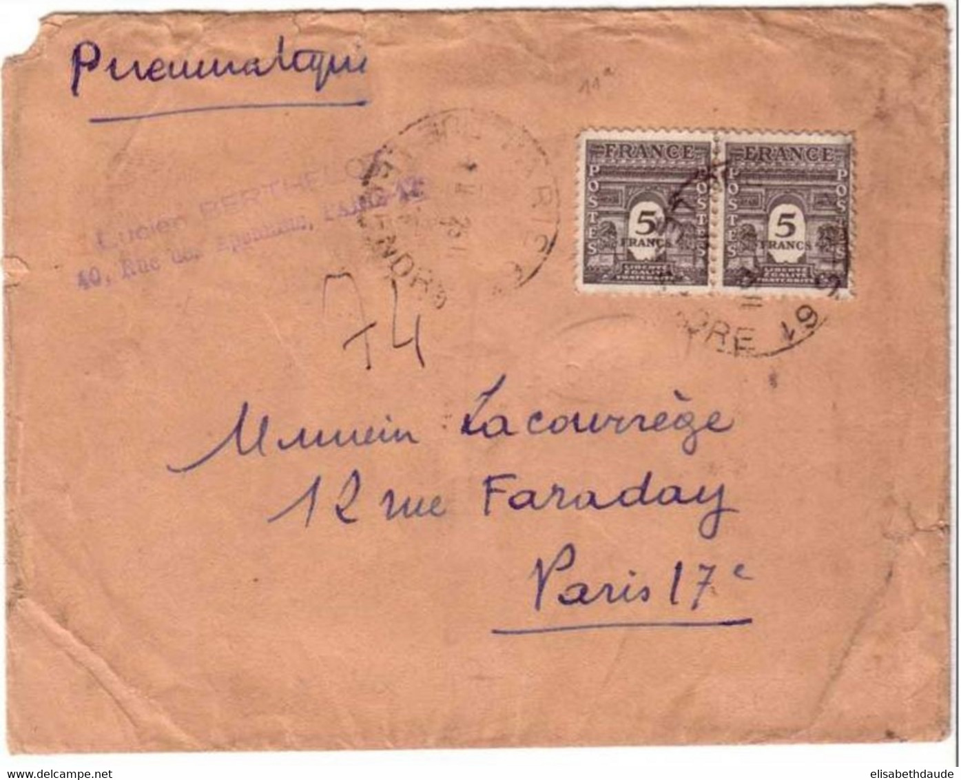1946 - PNEUMATIQUE - LETTRE Avec ARC De TRIOMPHE (2x5F)  - TARIF RARE - 1944-45 Triumphbogen