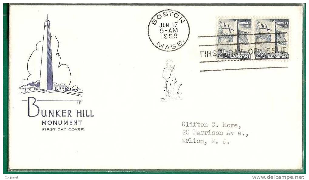 US - 2 - BUNKER HILL MONUMENT VF 1959 FIRST DAY CACHETED COVER With PAIR - 1951-1960