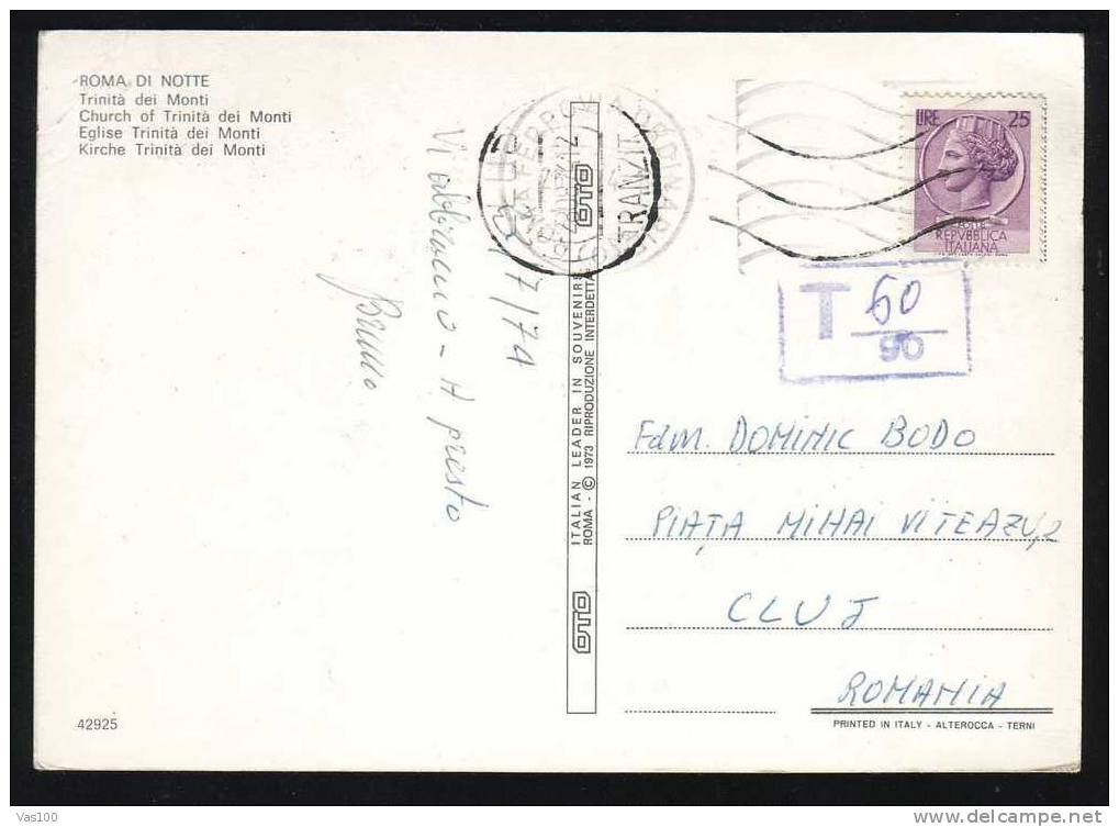 Italia 1974  Postcard-affranchissement Insuffisant-timbre  Avec Cachet "T 60/90"taxe 1974 To Romania. - Impuestos