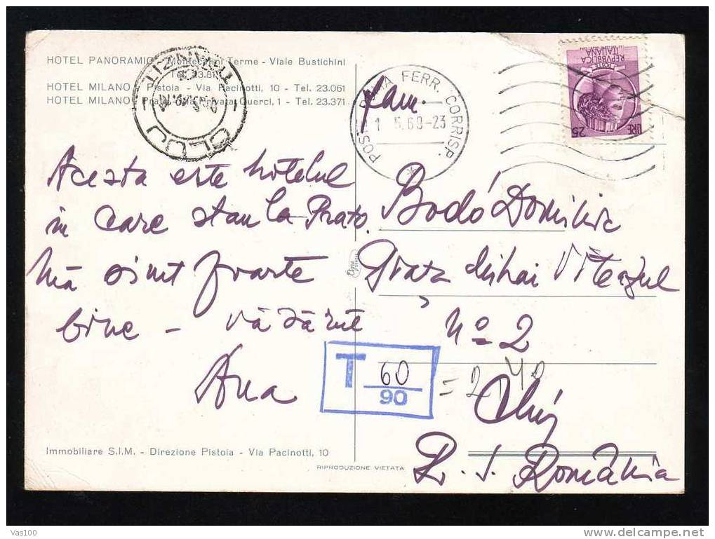 Italia 1969  Postcard-affranchissement Insuffisant-timbre  Avec Cachet "T 60/90"taxe 1969 To Romania. - Impuestos