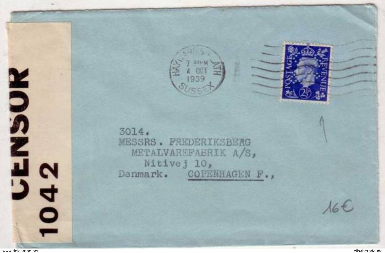 1939 - PERFORE De KLEINWORT SONS LONDON Sur LETTRE CENSUREE Pour Le DANEMARK - Perfin