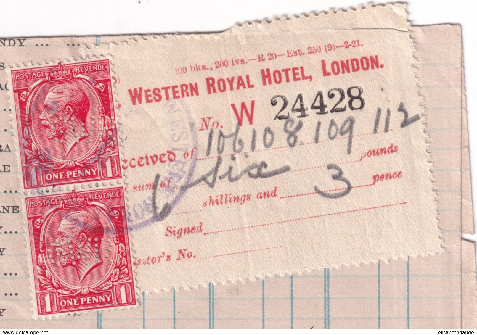 1921- PERFORE Du GREAT WESTERN ROYAL HOTEL à LONDRES Sur LETTRE NOTE D'HOTEL  - RARE - Perforadas