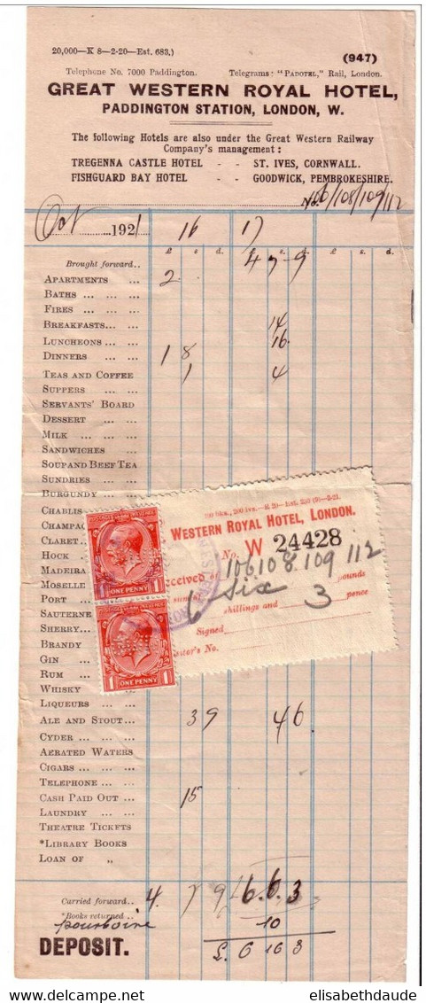 1921- PERFORE Du GREAT WESTERN ROYAL HOTEL à LONDRES Sur LETTRE NOTE D'HOTEL  - RARE - Perforés