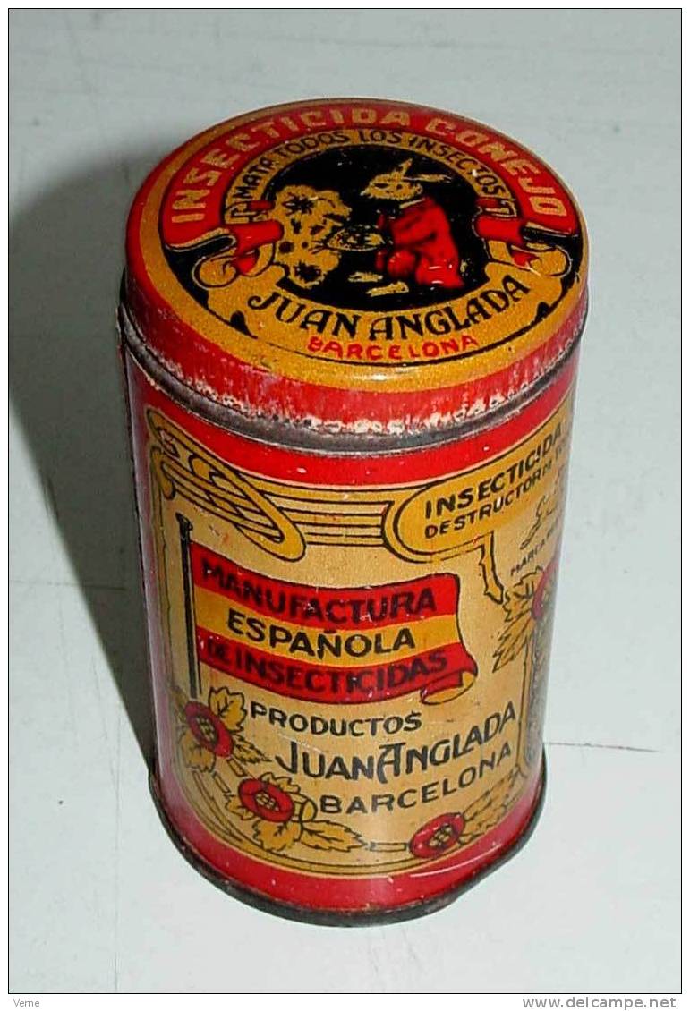 ANTIGUA CAJA DE HOJALATA LITOGRAFIADA CON PUBLICIDAD DE FARMACIA, INSECTICIDA CONEJO, DESTRUCTOR DE TODOS LOS INSECTOS, - Dozen