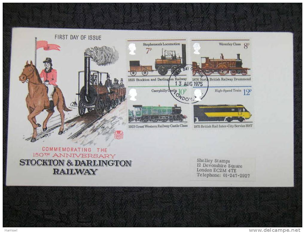 GB FDC 1975 STOCKTON AND DARLINGTON RAILWAY TRAINS - 1971-1980 Decimal Issues
