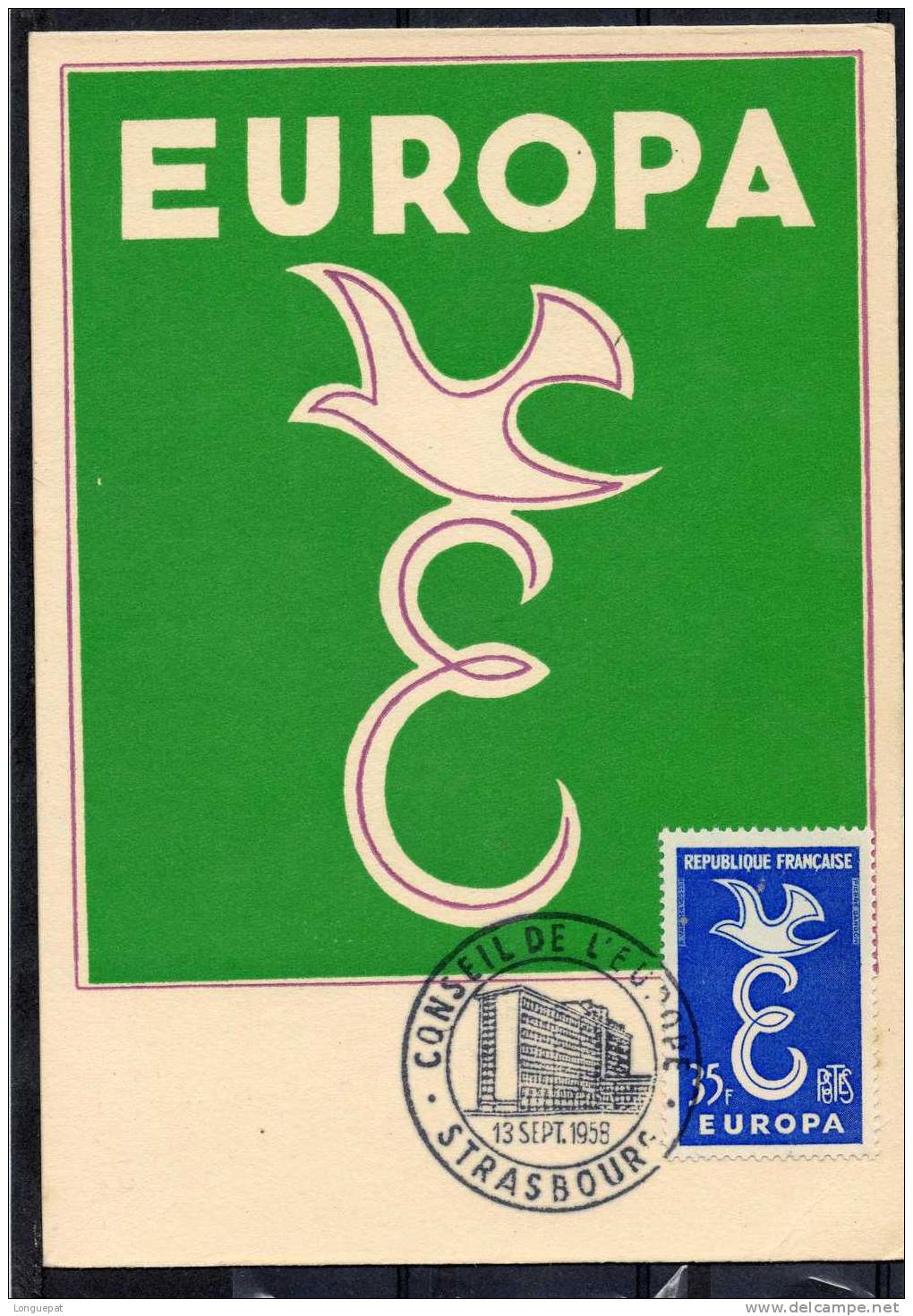 FRANCE : E De L'Europe, Et Colombe,  Stylisés- Cachet Du Conseil De L'Europe à Strasbourg - 1958