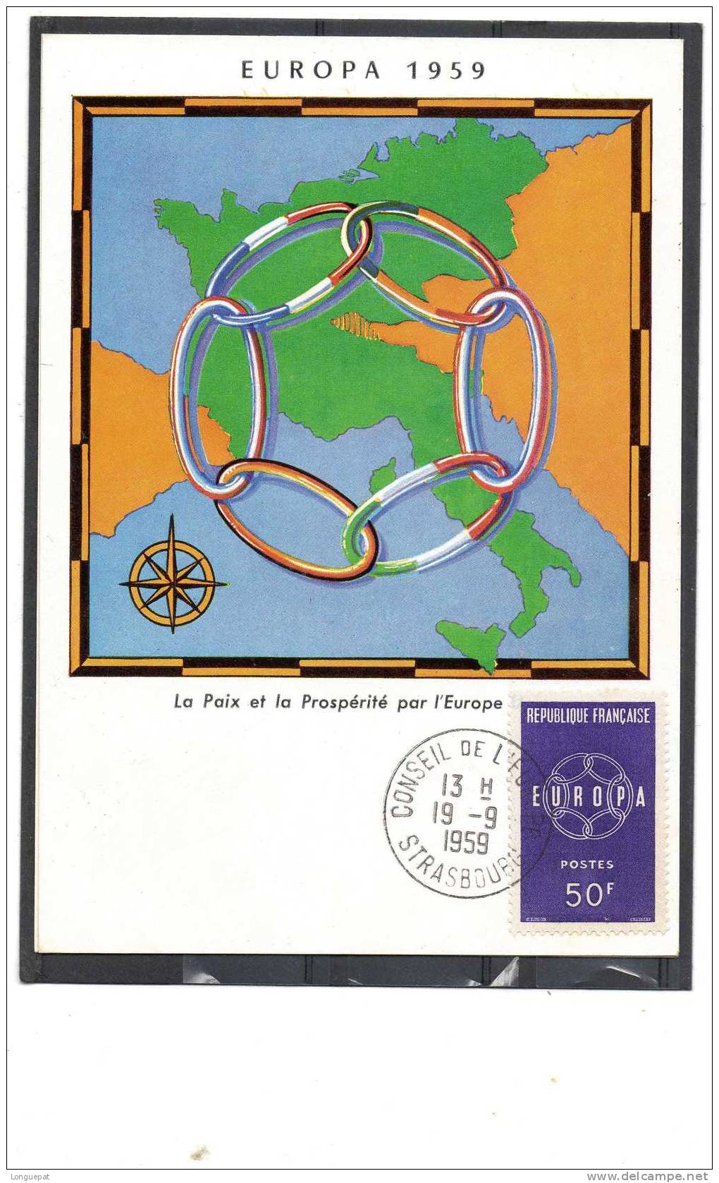 FRANCE : 6 Anneaux Représentants Les  Pays De L´Europe- Cachet Du Conseil De L´Europe à Strasbourg - 1959