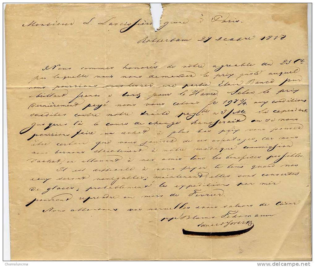 Lettre De Rotterdam Du 27/12/1838 Pour PARIS Marque De Rayon L.P.B. 4.R Pour Un Négociant De Métaux à Paris Etain - ...-1852 Vorläufer