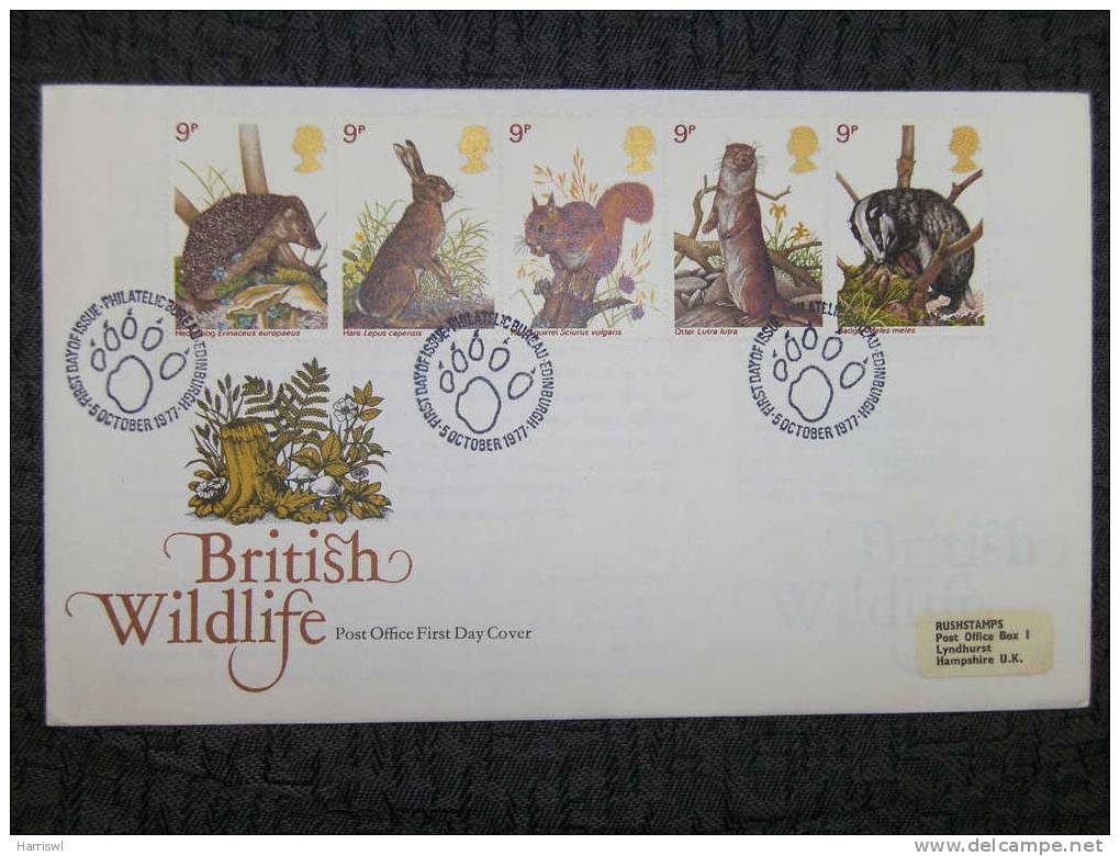 GB FDC 1977 BRITISH WILDLIFE  HEDGEHOG HARE SQURREL OTTER  BADGER - 1971-1980 Decimal Issues