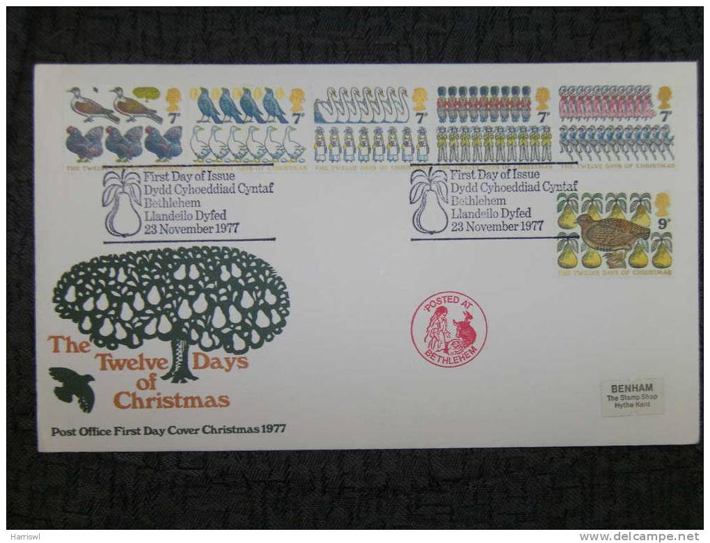 GB FDC 1977 TWELVE DAYS OF CHRISTMAS POSTED AT BETHLEHEM - 1971-1980 Decimal Issues