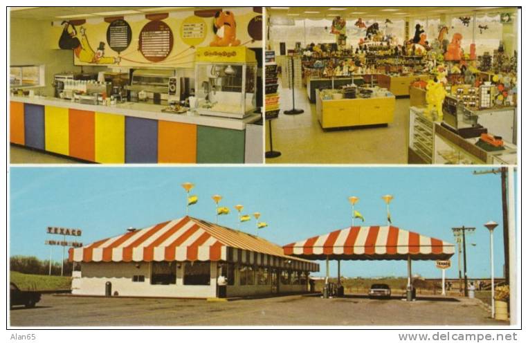 Texaco Gas Station Rest Stop, The Circus Shop Geneseo IL, Gift Shop, Popcorn Machine, C1960s Vintage Postcard - American Roadside