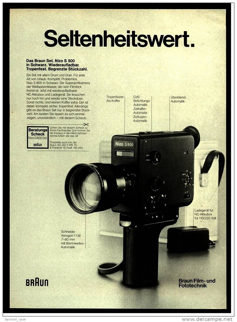 Reklame Werbeanzeige 1974 ,  Das Braun Set Nizo S 800  -  Tropenfest  -  Seltenheitswert - Camcorder