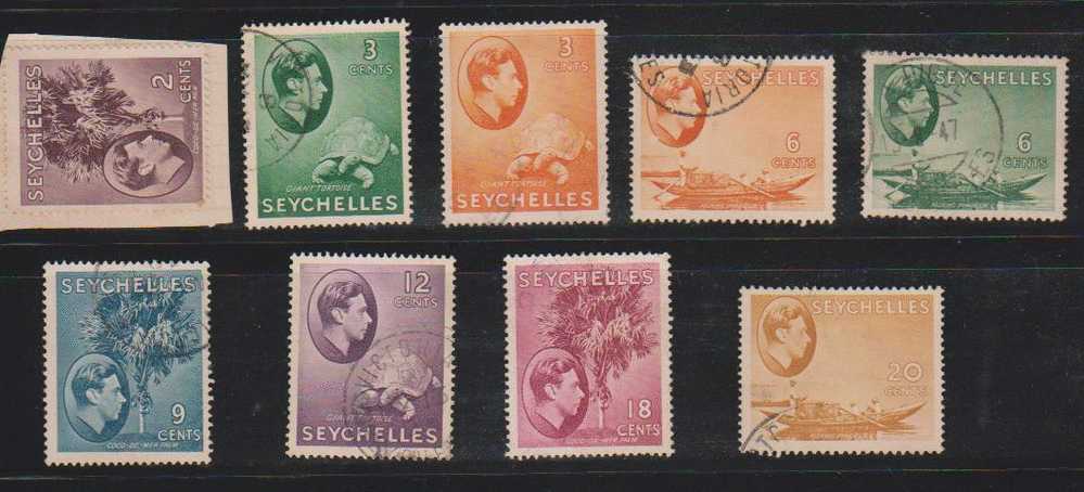 Seychelles Used Hinged 1938 , 9v, Palm Tree, Tortoise, Fishing, Cat 20.00 Pounds,  As Scan - Seychelles (...-1976)