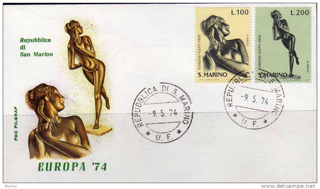 Europa-Ausgabe 1974 San Marino 1067/8+ FDC O 3€ Gemeinschafts-Set CEPT Skulpturen Frauen Akt Greco Art Cover Of EUROPE - Briefe U. Dokumente