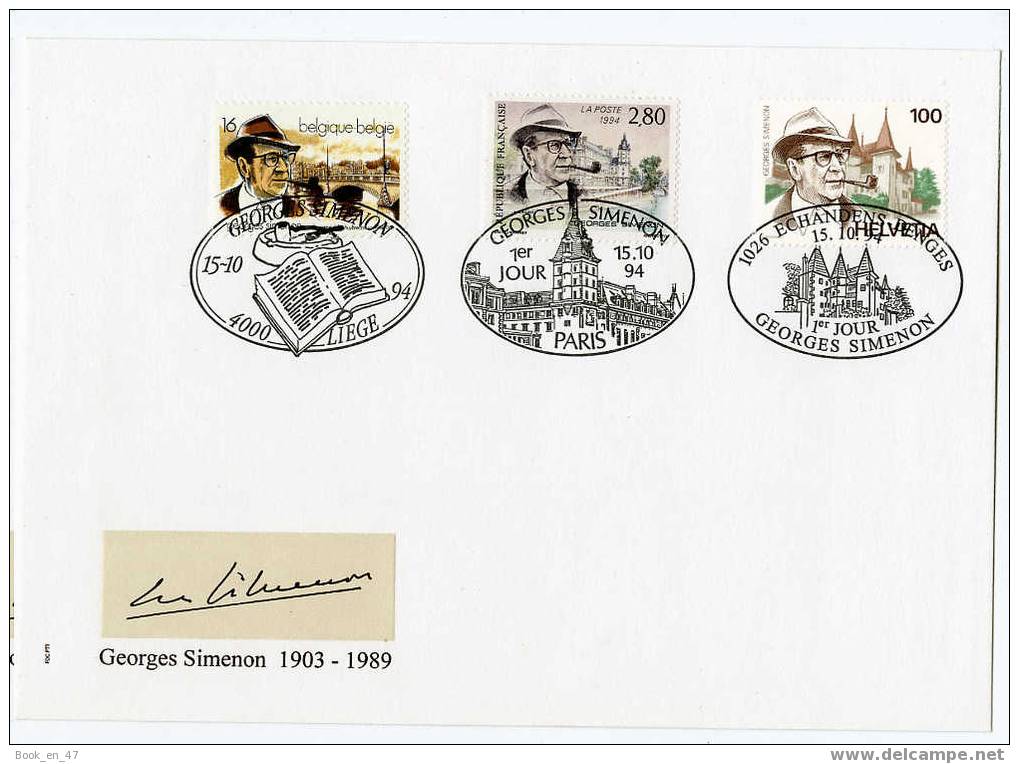 {42082} Enveloppe Georges Simenon 3 Timbres 3 Cachets 1er Jour Paris Liège Echandens - Denges . 1994 .TBE  " En Baisse " - Simenon