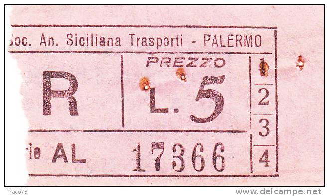 PALERMO  1950 / 60  - BIGLIETTO PER AUTOBUS -   Lire 5  - R   Serie  " AL "  Rosa - Europa
