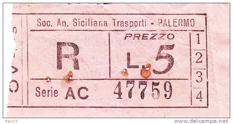 PALERMO  1950 / 60  - BIGLIETTO PER AUTOBUS -  Lire 5  - R   Serie  " AC " - Europa
