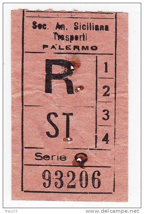 PALERMO  1950 / 60  - BIGLIETTO PER AUTOBUS -   R  (SI)  Serie  " C "  Rosa - Europa