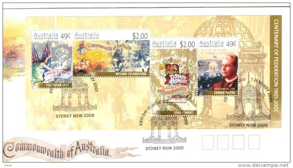 AUSTRALIA FDC 100 YEARS OF COMMONWEALTH SET OF 4  STAMPS ON M/S FV$4.98 DATED 01-01-2001 CTO SG? READ DESCRIPTION !! - Storia Postale