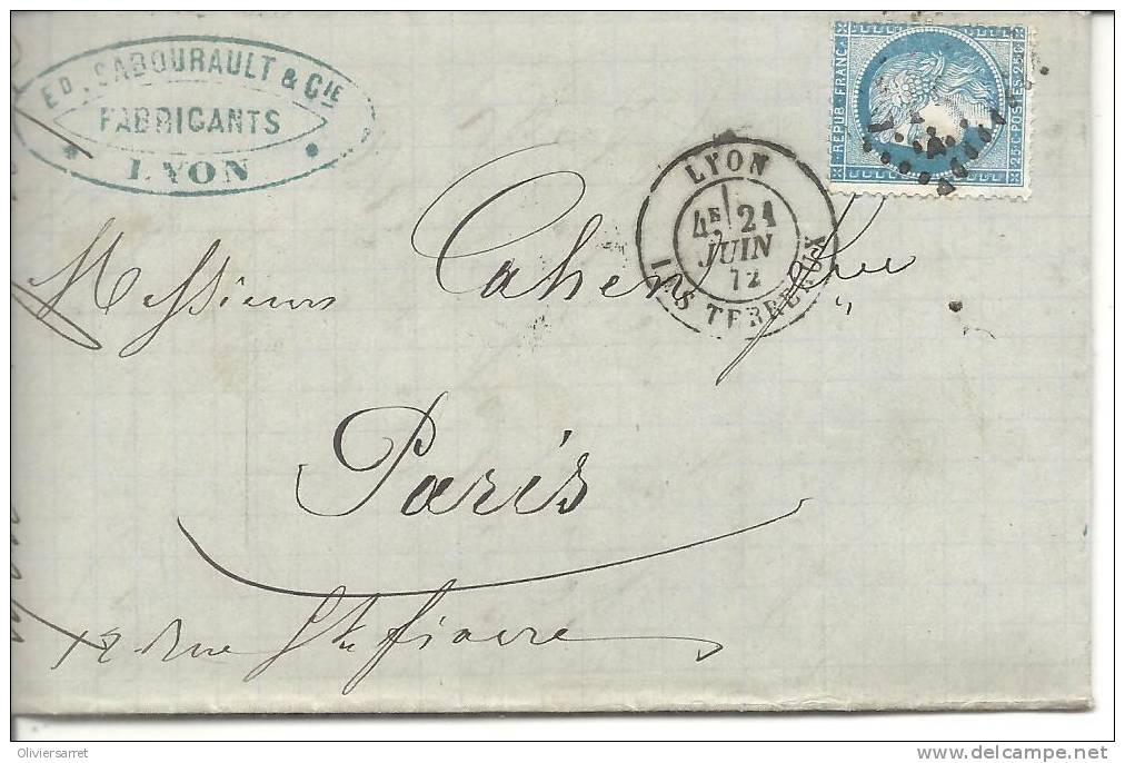 Lyon 21 Juin 1872 Ceres Au Dos Paris - Altri & Non Classificati