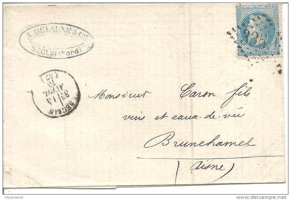 Seclin 20cts Bleu No 335 Au Dos Brunehamel 16 Avril 1870 - Autres & Non Classés