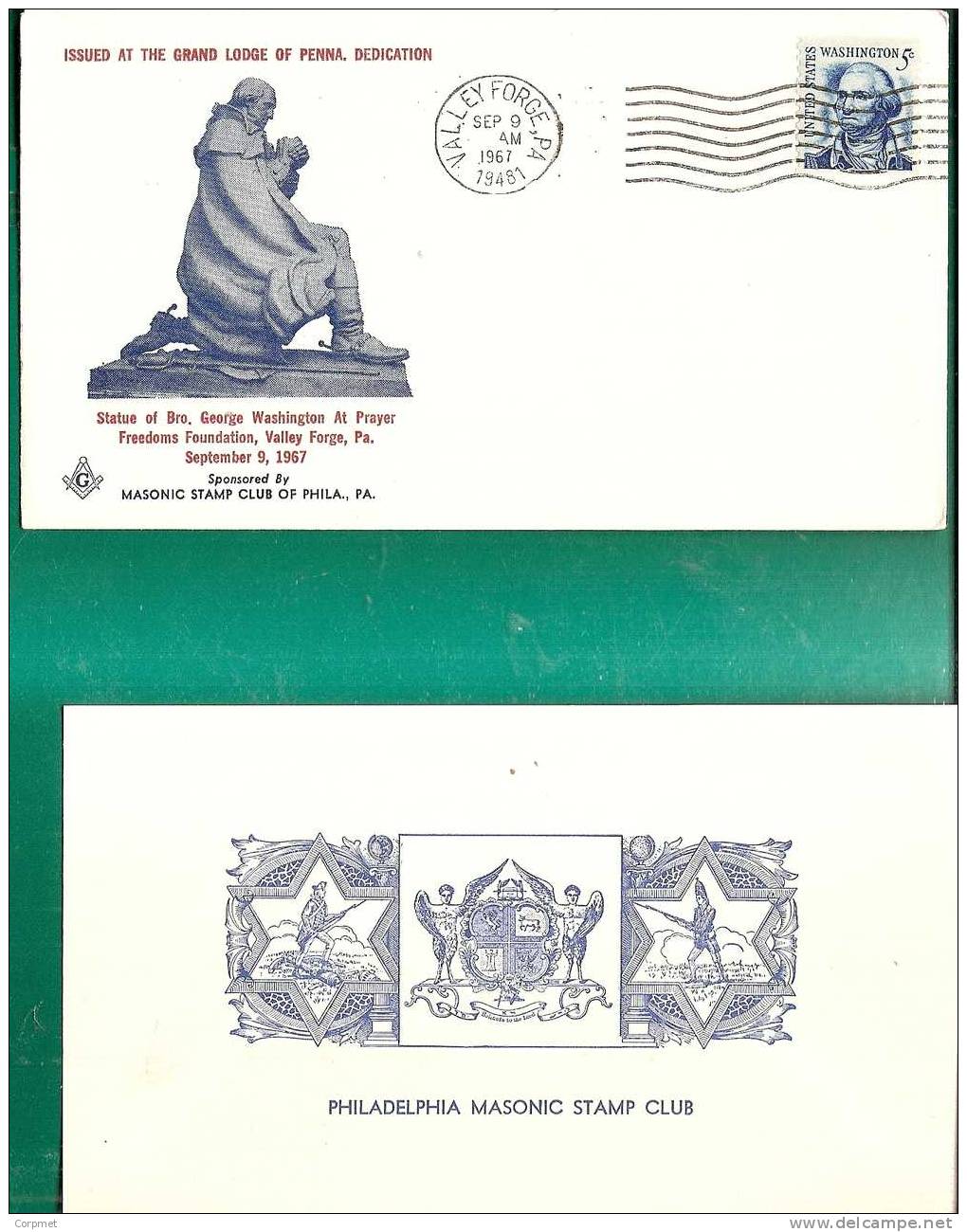 US - 2 - PHILADELPHIA MASONIC Stamp Club DEDICATED To Bro. GEORGE WASHINGTON VF 1967 CACHETED COVER + CARD - Franc-Maçonnerie