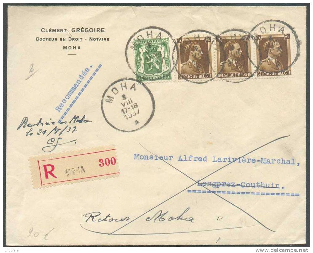 70 Cent. Léopold III (x3) + 35 Cent. Sceau De L'Etat Obl. Sc MOHA S/L. Reommandée Du 3-VIII-1937 Vers Longprez-Couthuin - Covers & Documents