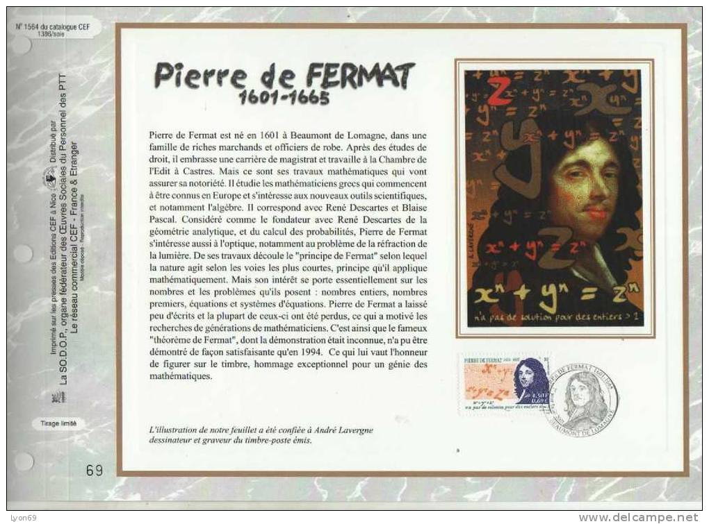 FEUILLET  CEF  1564 PIERRE DE  FERMAT  MATHEMATIQUES LOIS 2001 - Zonder Classificatie
