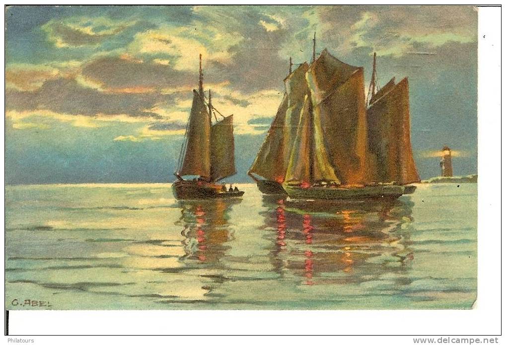 BATEAUX DE PECHE AVEC PHARE  - Peintre G. Abel - Pêche