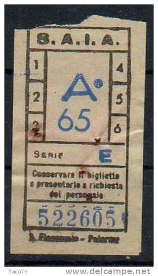 PALERMO 1950 / 60 - BIGLIETTO PER AUTOBUS  Della Ditta S.A.I.A. -  A 65  Serie  " E " - Europa