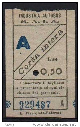 PALERMO 1939 / 43? - BIGLIETTO PER AUTOBUS  Della Ditta S.A.I.A. - Lire 0,50  -  A   Serie  " A " - Corsa Intera - Europe