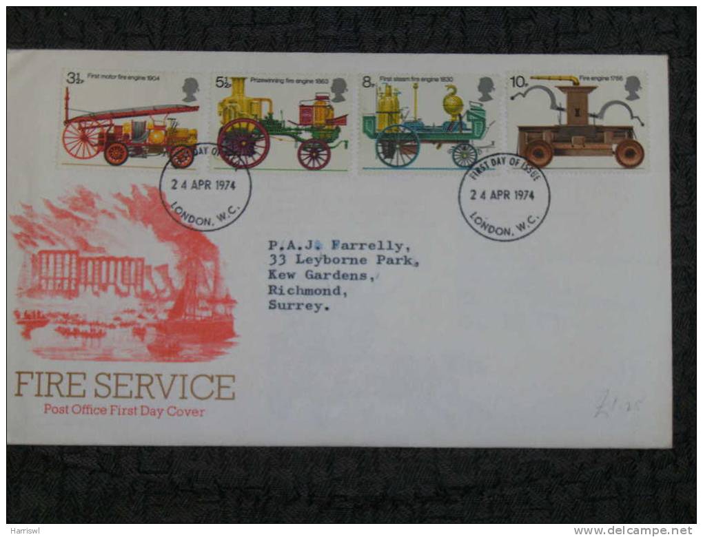 GB FDC1974 FIRE SERVICE FIRE ENGINE COVER - 1971-1980 Em. Décimales