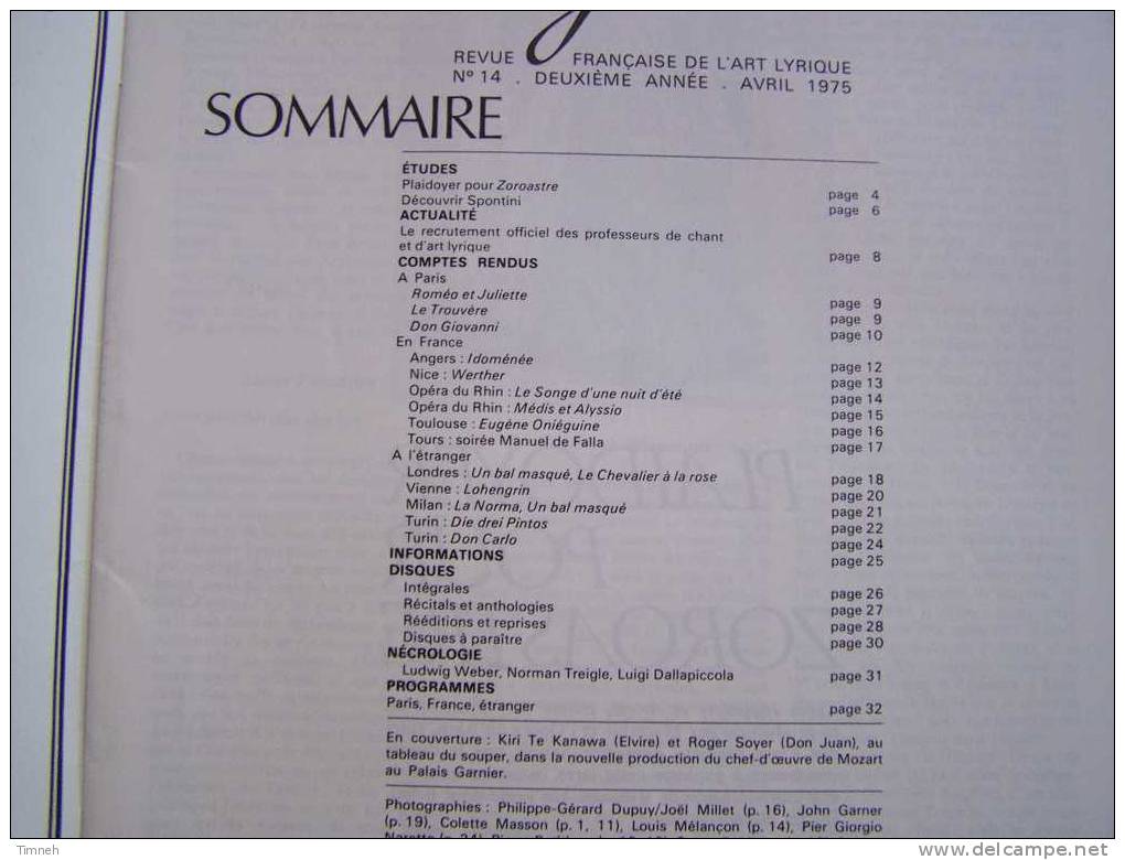 N°14.avril 1975-LYRICA-revue Française Art Lyrique-Plaidoyer Pour Zoroastre-Spontini-comptes Rendus Disques Programmes- - Muziek