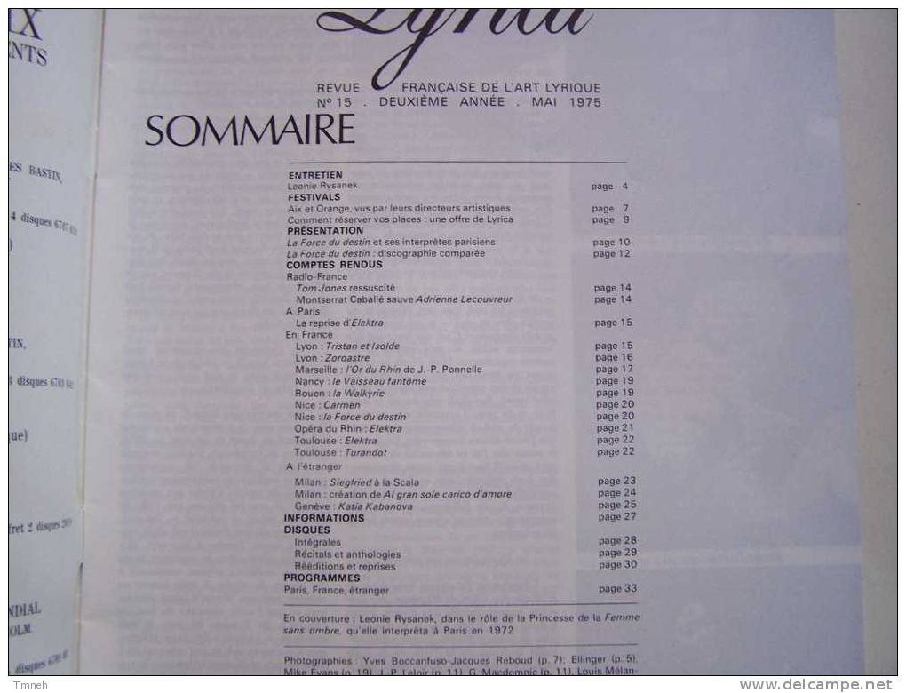 N°15 Mai 1975-LYRICA-revue Française Art Lyrique-Léonie RYSANEK-Aix-Orange Comptes Rendus Disques Programmes- - Muziek