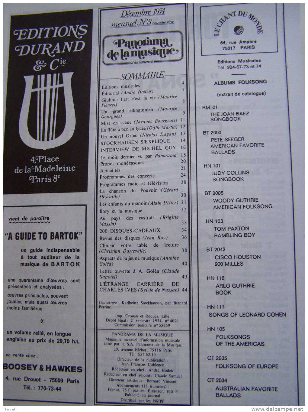 Panorama De La Musique-et Des Instruments-Décembre 1974-STOCKHAUSEN Un Langage-Michel GUY-Giulini Messe Ré-Duke Carney- - Music