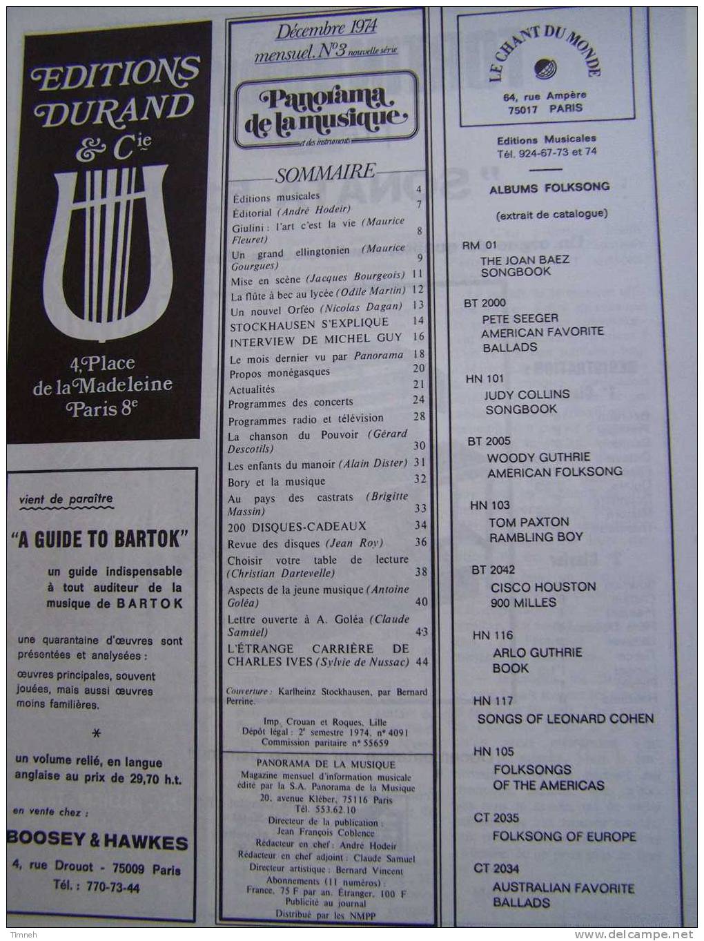 Panorama De La Musique-et Des Instruments-Décembre 1974-STOCKHAUSEN Un Langage-Michel GUY-Giulini Messe Ré-Duke Carney- - Muziek